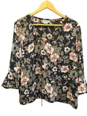Vtg Joanna Women's Large Blouse Top 3/4 Flowy Flutter Sleeve Peasant Fairy Boho